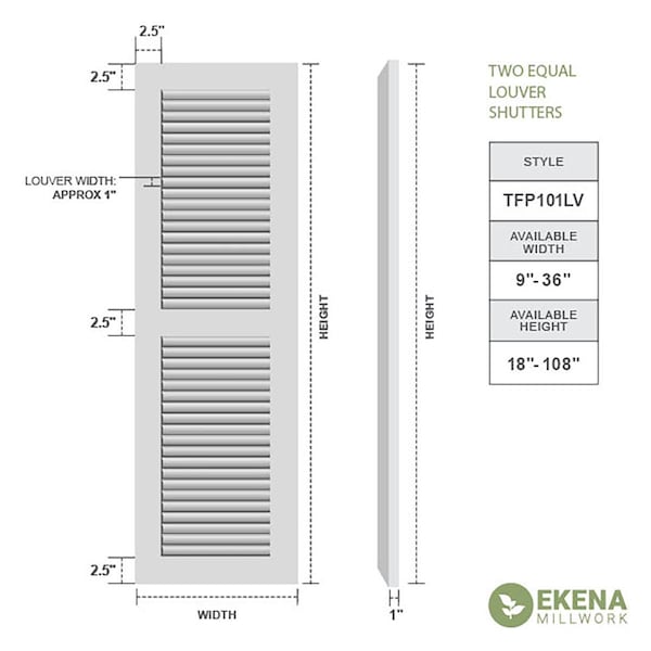 True Fit PVC Two Equal Louver Shutters, Moss Green, 15W X 42H